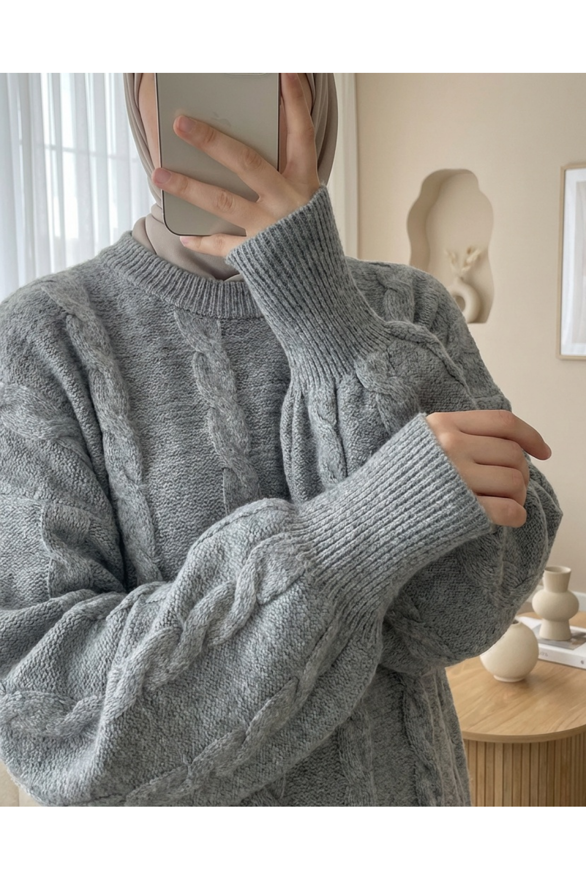 Saç Örgü Desen Yumoş Triko Kazak  -Gri