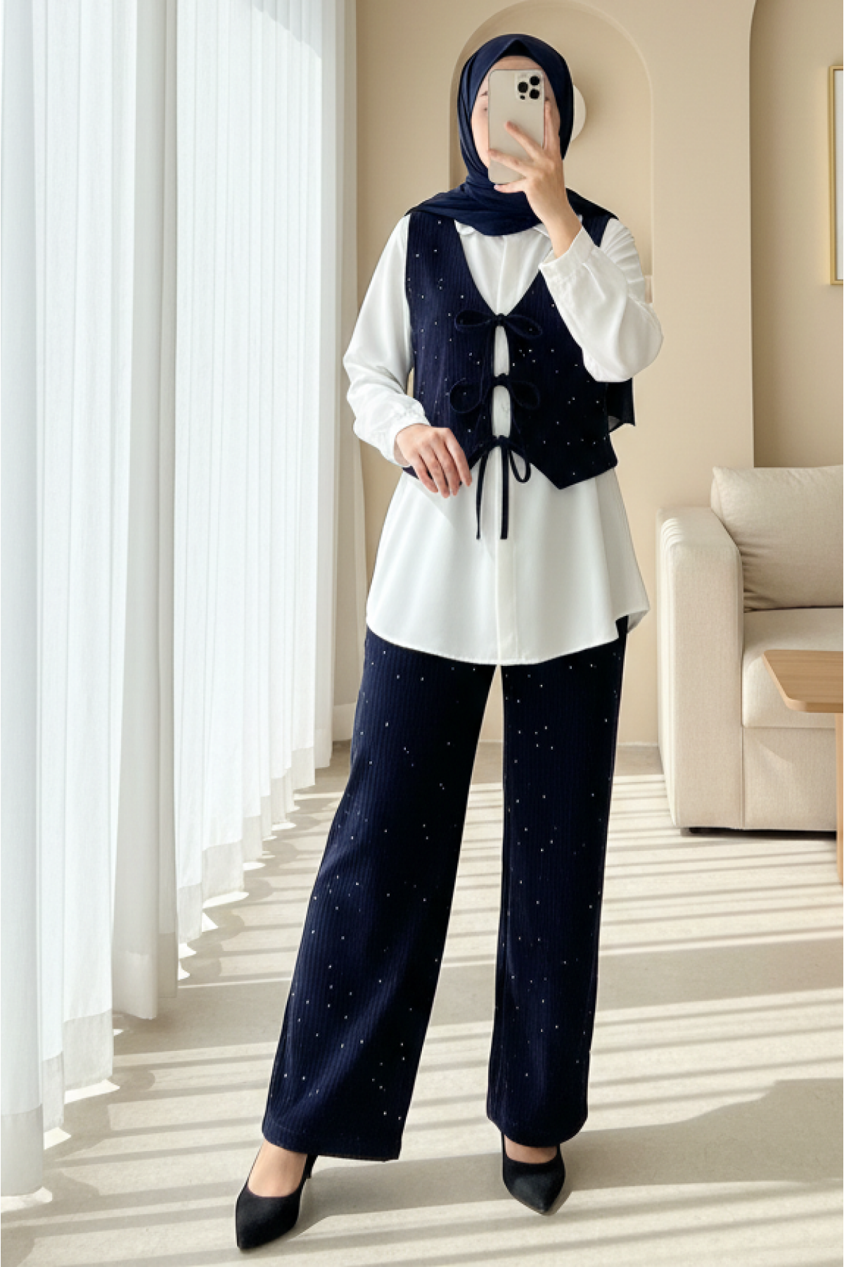 Önü Bağlamalı Yelek Pantolon Kadife Takım  -Laci