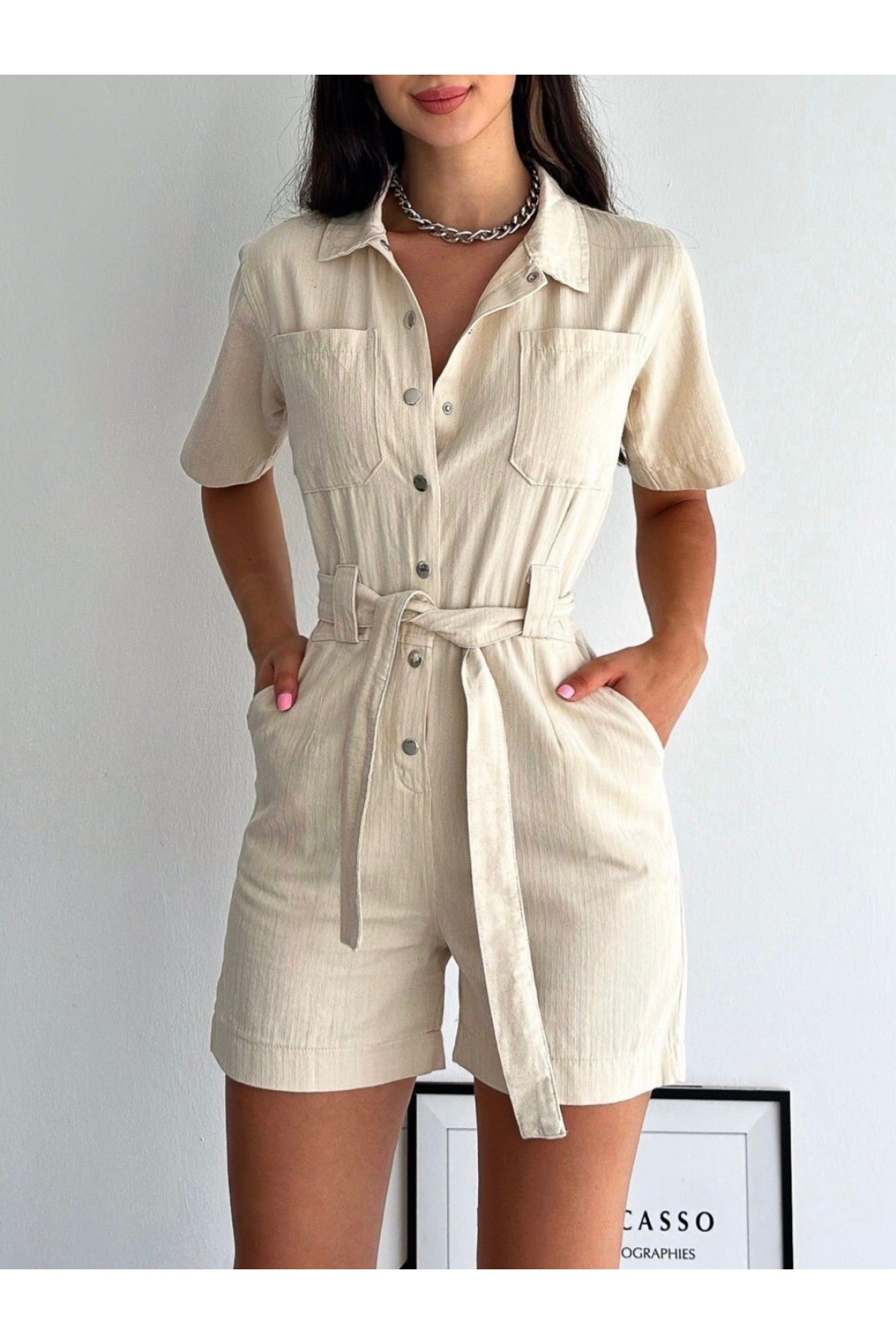 Balık Sırtı Şortlu Keten Salopet -Bej