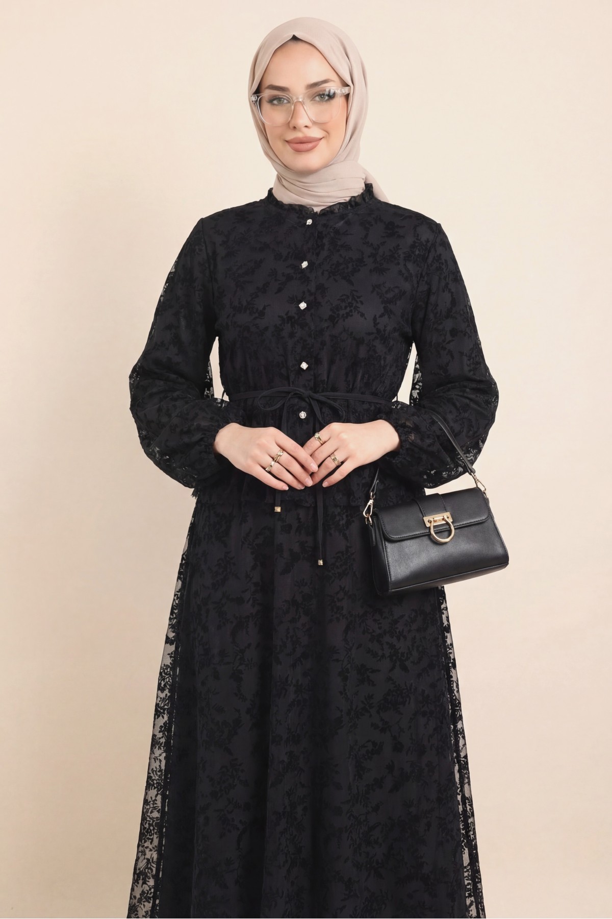 Dik Yaka Flog Baskılı Balon Kol Beli Bağcıklı Etekli Astarlı Tül Takım -Siyah