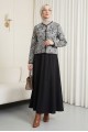 Top Düğme Etnik Desen Etekli Krep Takım -Siyah