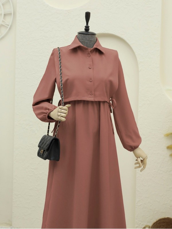 Üstü Gömlek Detaylı Elbise Takım    -Kiremit