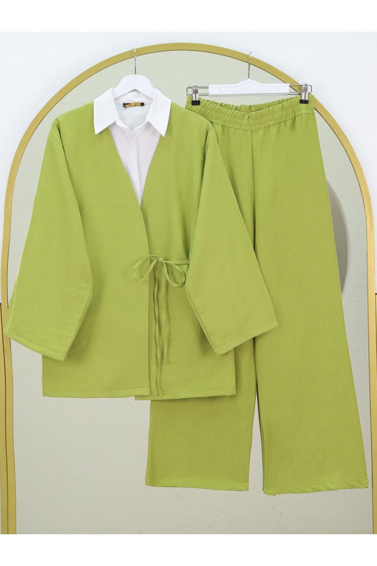 Önden Bağlamalı Pantolonlu Kimono Takım -Yağ Yeşili