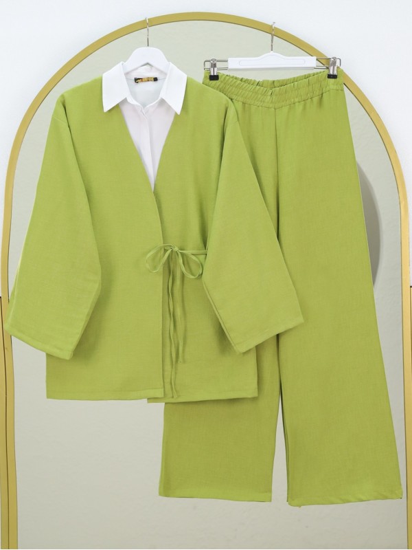 Önden Bağlamalı Pantolonlu Kimono Takım -Yağ Yeşili