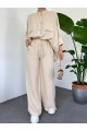 Çift Cepli Yarım Yarasa Kol Salaş Gömlek Takım -Bej
