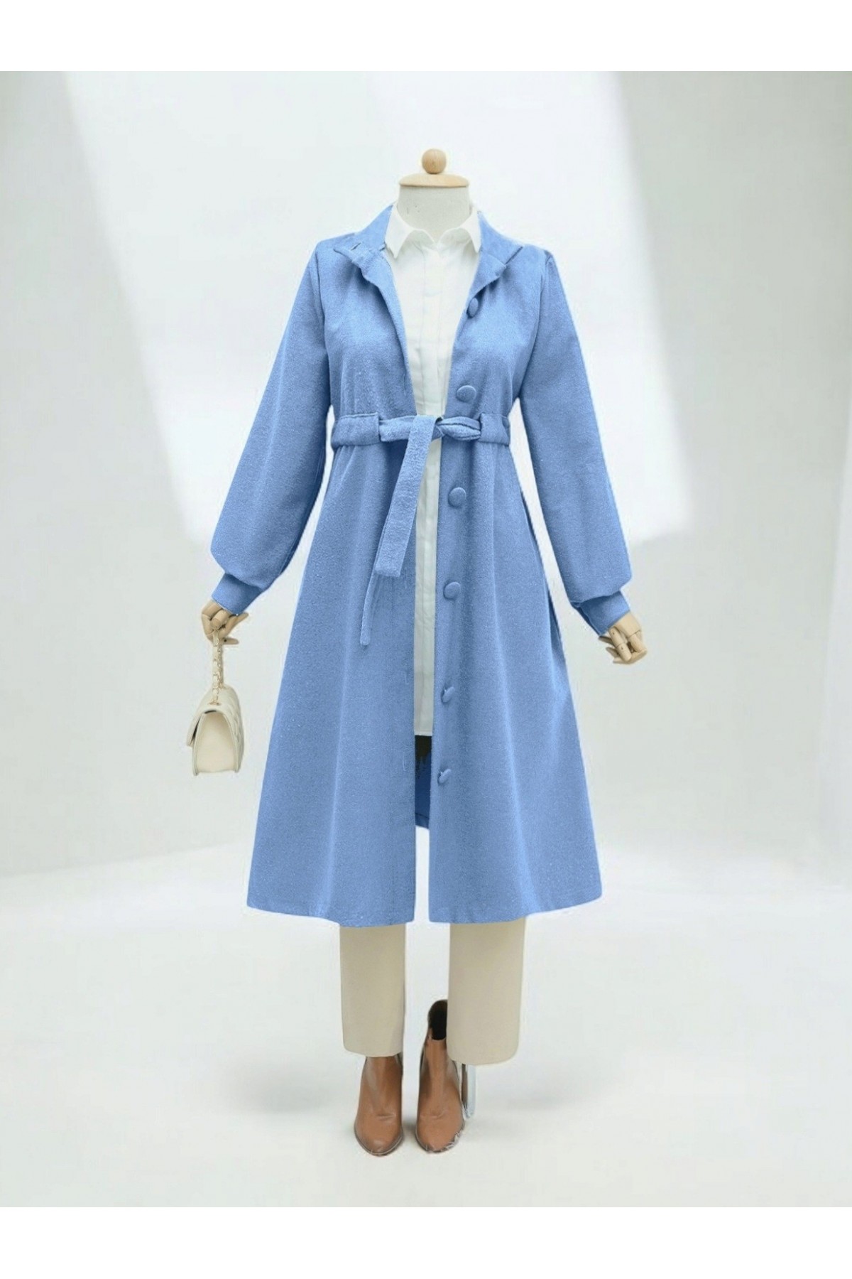 Belden Bağlamalı Top Düğmeli Kaşe Kaban -Mavi