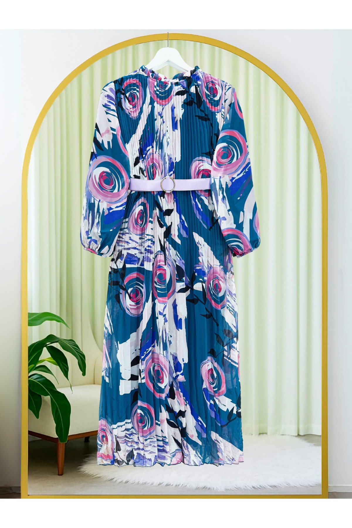 Önü Pileli Kemerli Şifon Elbise -Petrol