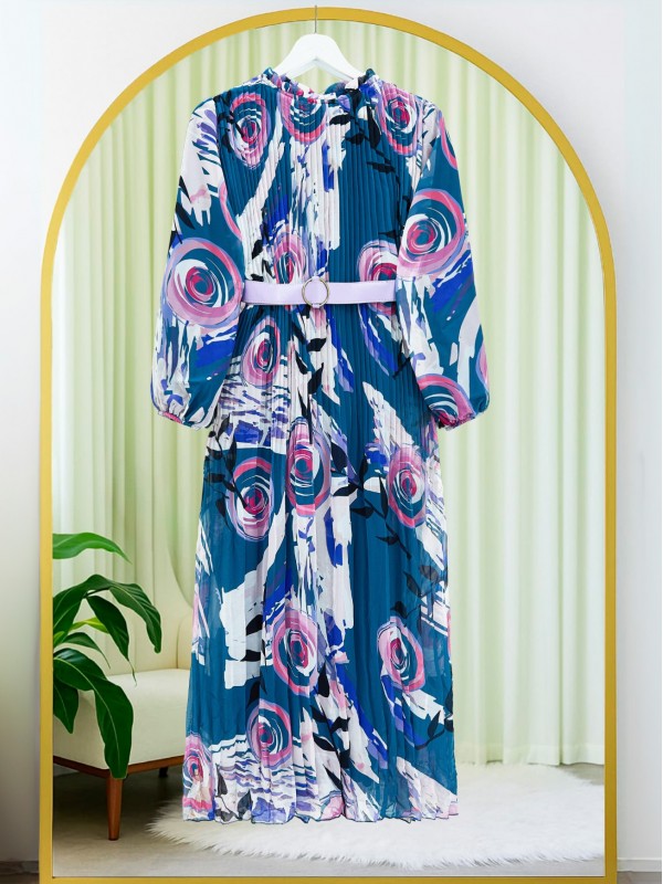 Önü Pileli Kemerli Şifon Elbise -Petrol