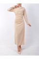 Kayık Yaka Yandan Drapeli Örme Krep Elbise -Bej