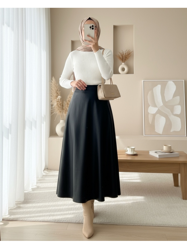Beli Lastikli Düz Deri Etek (1962) -Siyah
