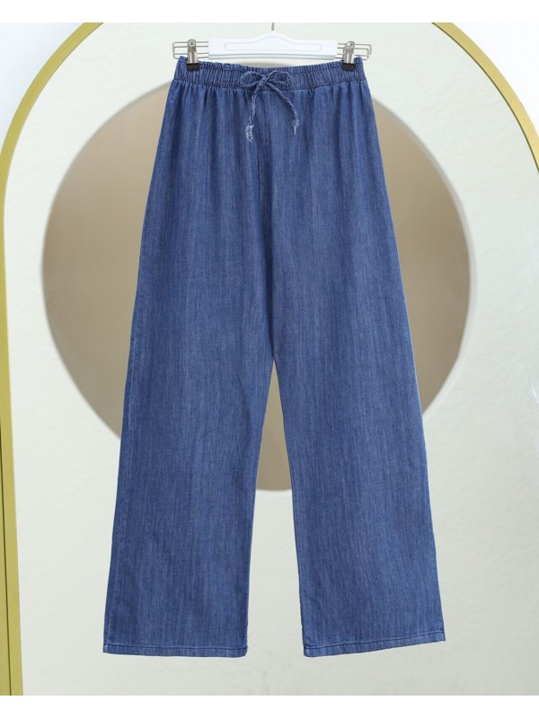 Bol Paça Beli Lastikli Bağcık Detaylı Kot Pantolon  -Koyu Mavi