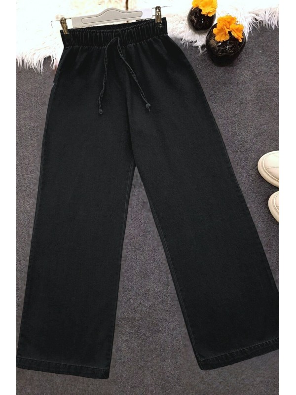 Bol Paça Beli Lastikli Bağcık Detaylı Kot Pantolon  -Siyah
