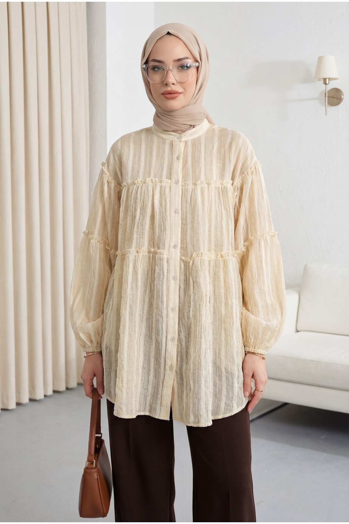 Dik Yaka Sim Çizgili Balon Kol Oversize Gofre Tunik -Açık Sarı