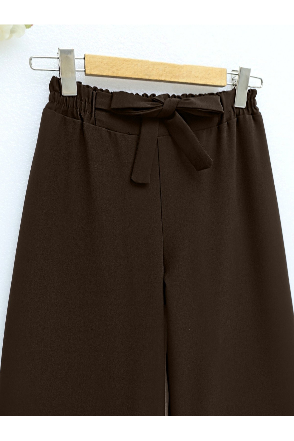 Duble Kumaş Beli Kuşaklı Bol Paça Pantolon  -Kahve