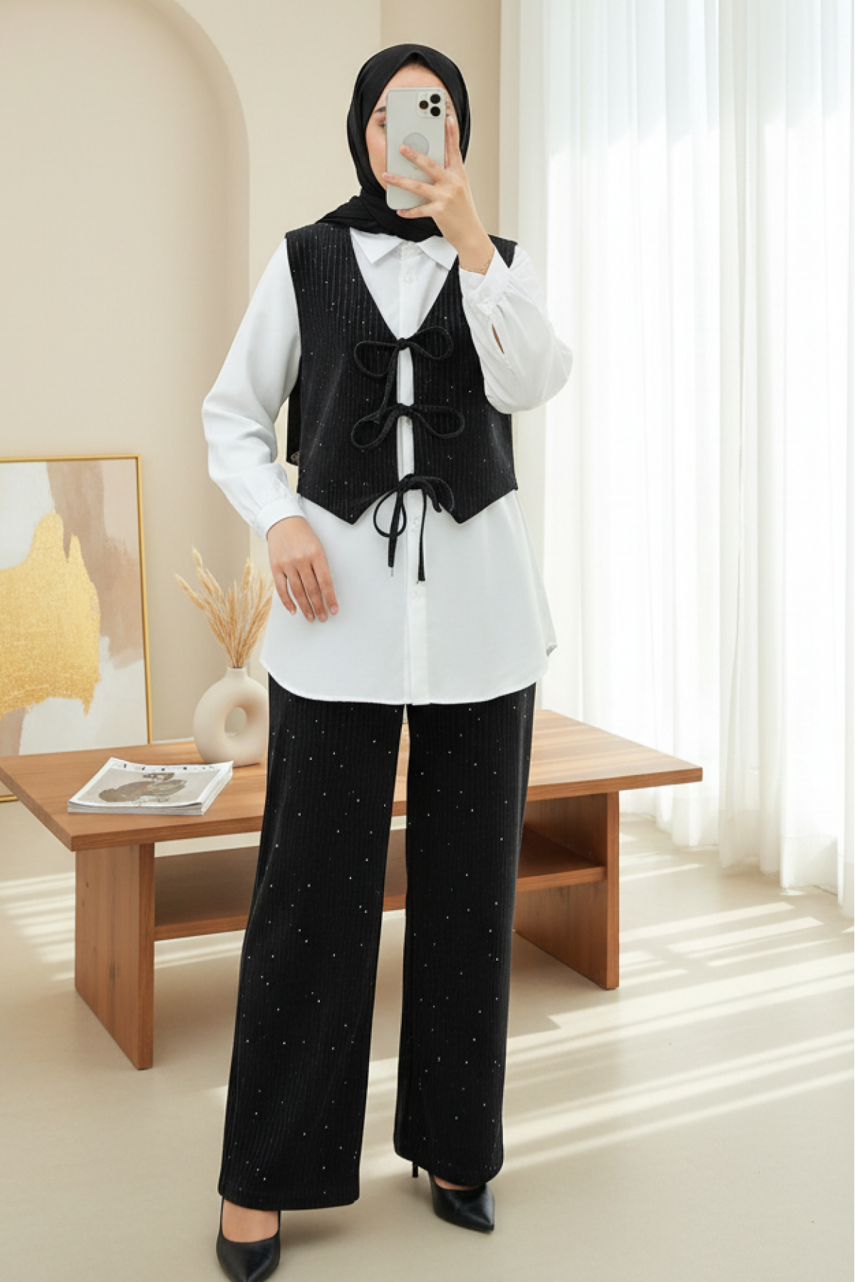 Önü Bağlamalı Yelek Pantolon Kadife Takım  -Antrasit