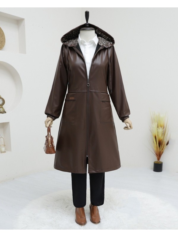 Torba Cepli Fermuarlı Suni Deri Kap -Kahve