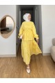 Önü Düğmeli Beli Bağcıklı Kolu Lastikli Etekli Dantelli Takım -Sarı