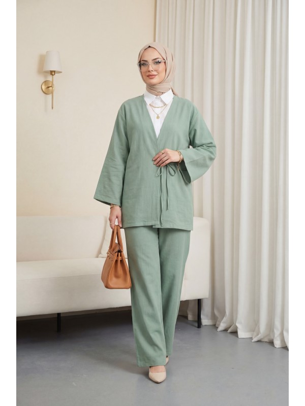 Önden Bağlamalı Pantolonlu Kimono Takım       -Su Yeşili