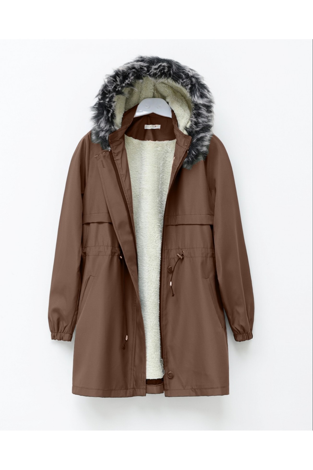 Kürklü Çıkma Kapşonlu Bağcıklı Bondit Kaban -Taba