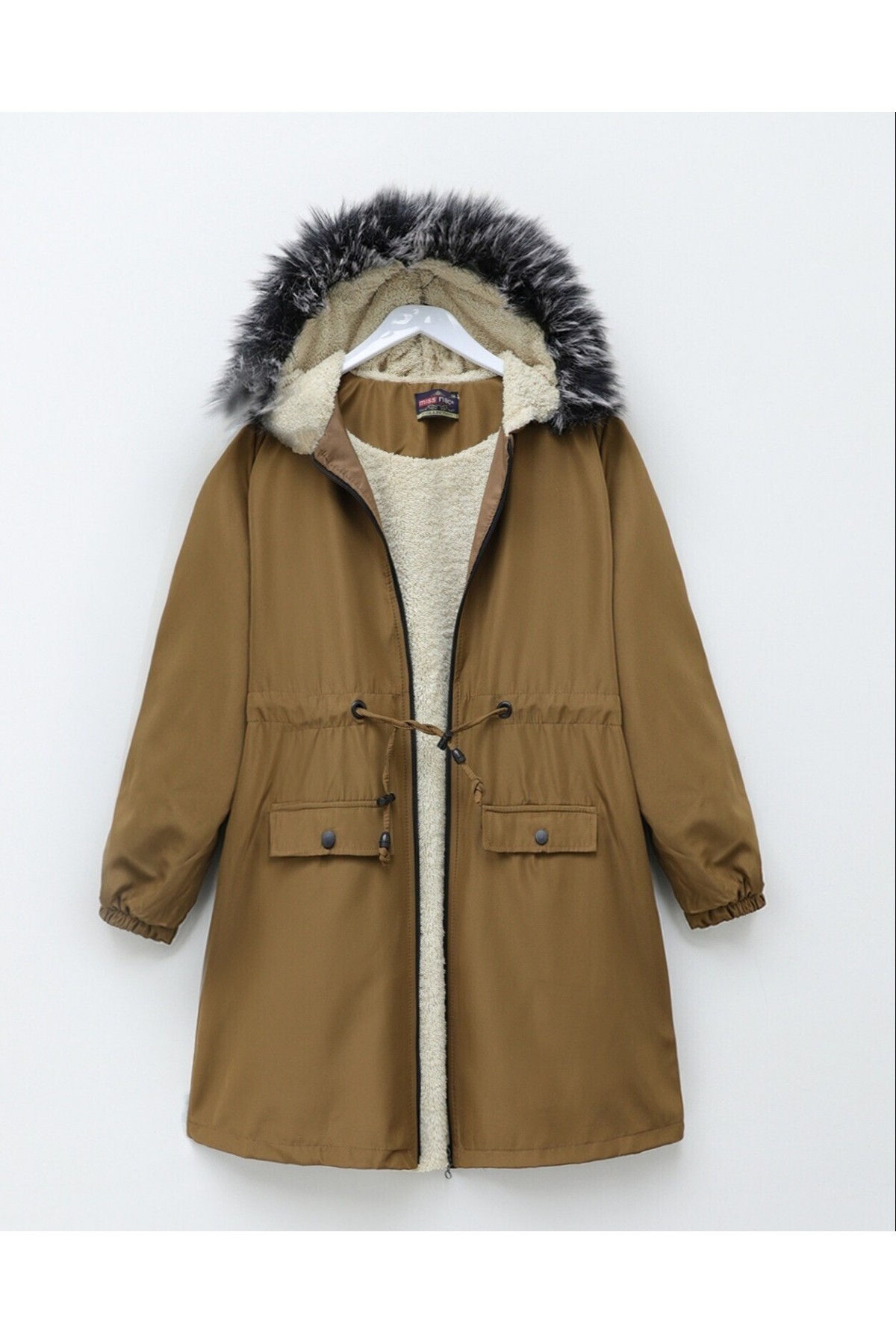 Sabit Kapşonlu İçi Kürklü Bondit Kaban -Taba