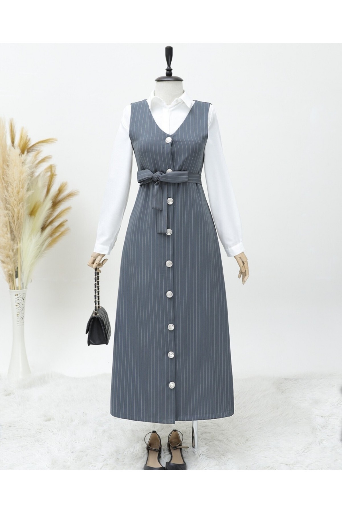 Boydan Düğmeli Kuşaklı Çizgili Jile -Gri