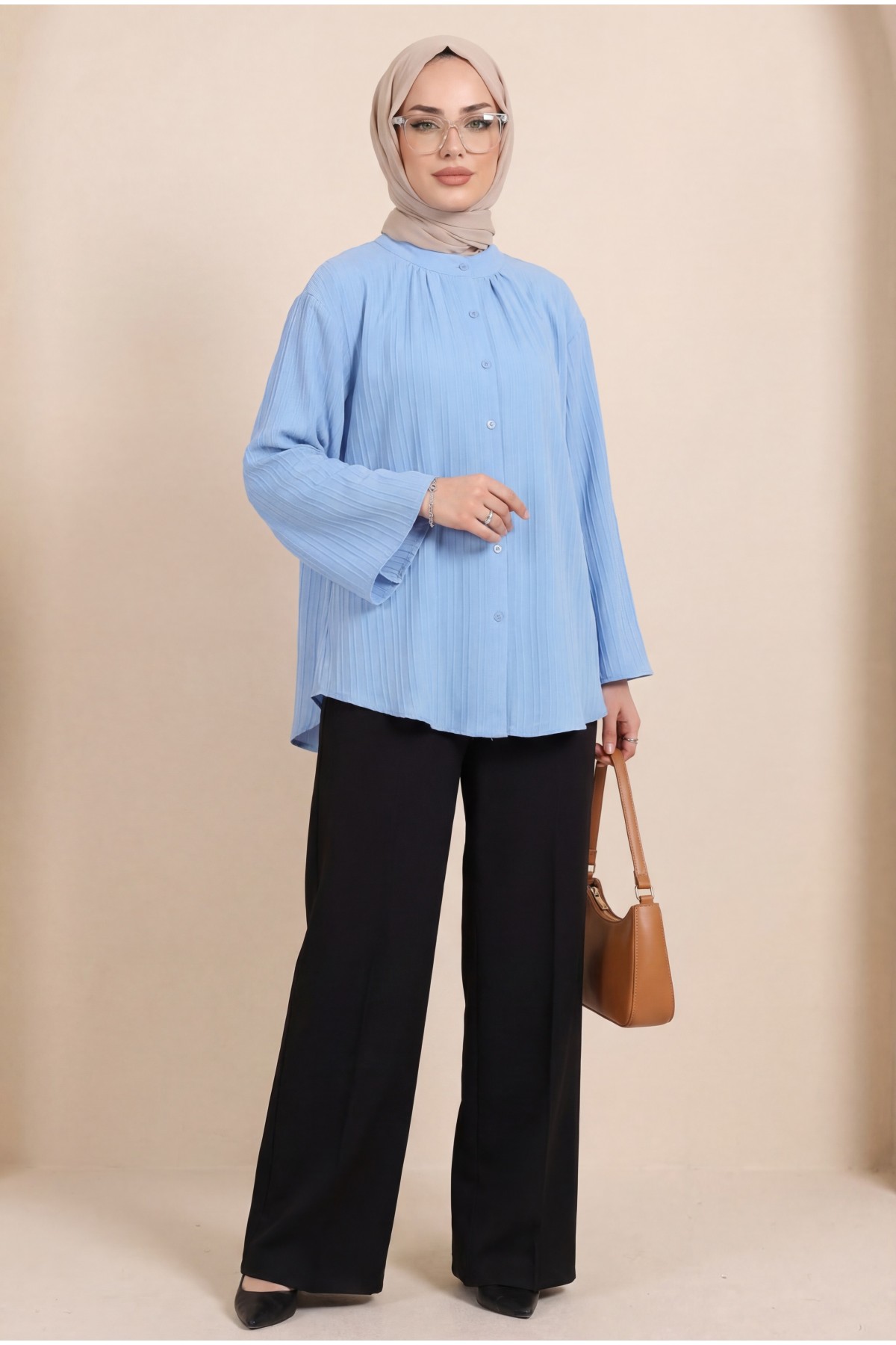 Yuvarlak Yaka Düğmeli İspanyol Kol Siena Tunik -Mavi