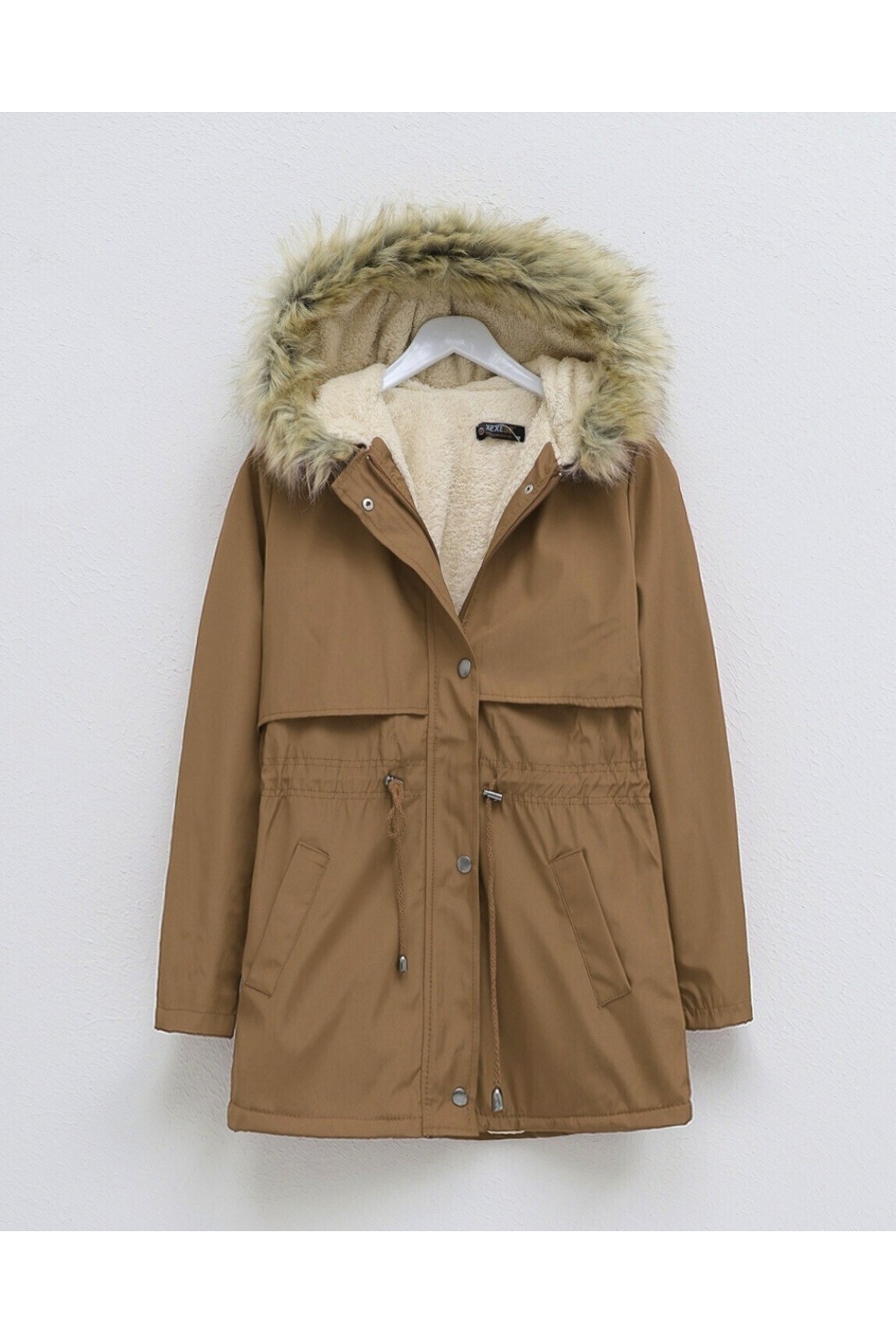 Bolero Detaylı Kürklü Kapşonlu İçi Peluşlu Mont -Taba