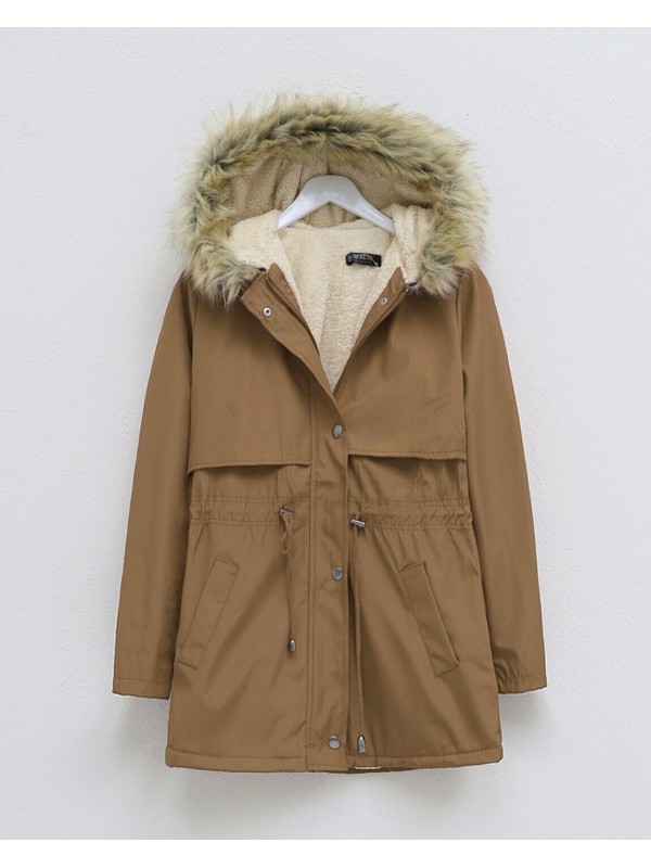 Bolero Detaylı Kürklü Kapşonlu İçi Peluşlu Mont -Taba