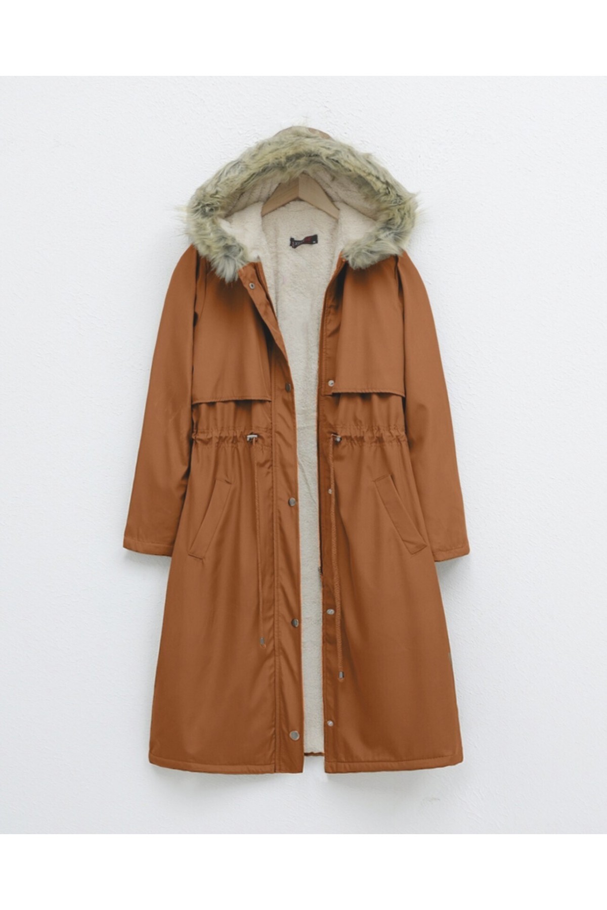 İçi Peluşlu Sabit Kapşonlu Tünel Bağcıklı Uzun Mont  -Hardal