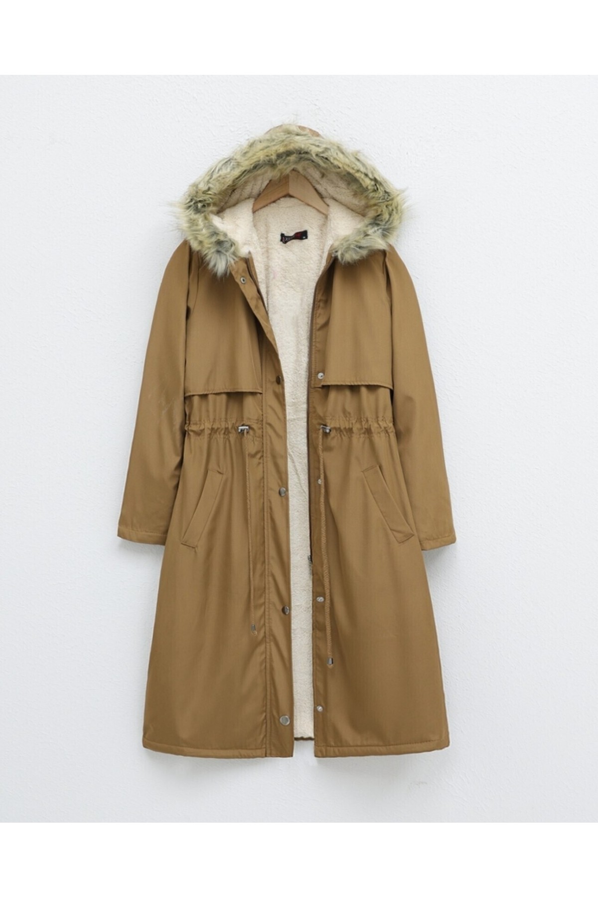 İçi Peluşlu Sabit Kapşonlu Tünel Bağcıklı Uzun Mont  -Taba