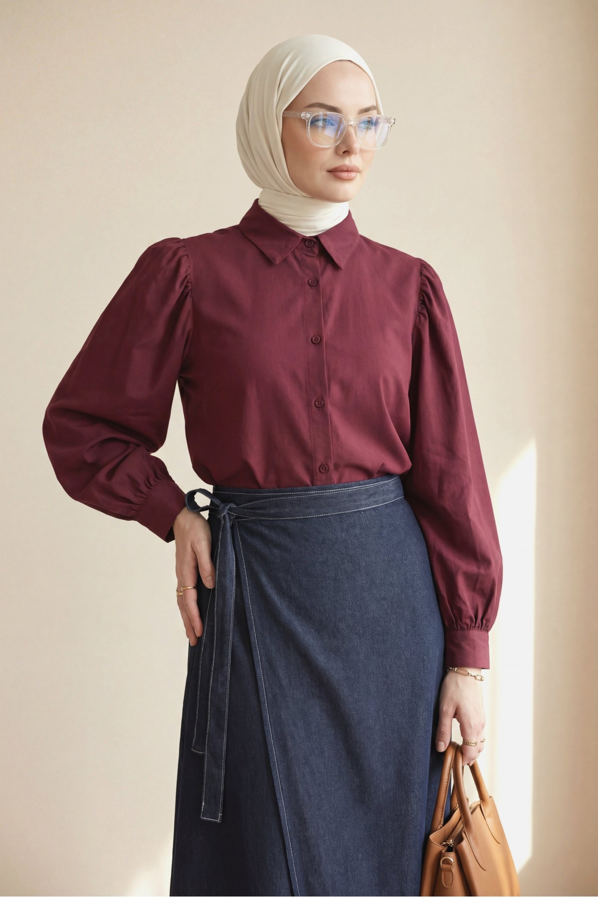 Balon Kol Düğmeli Kısa Poplin Gömlek -Bordo