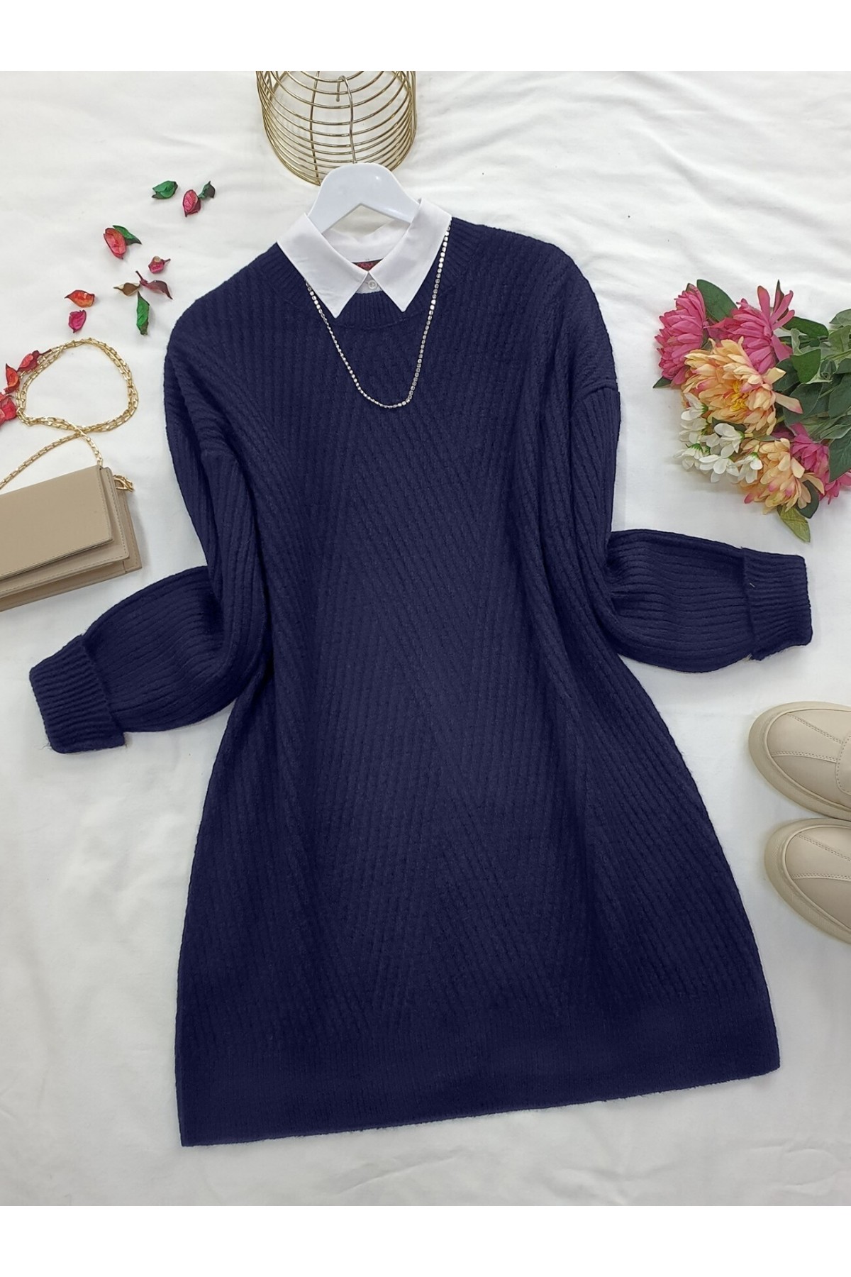 Bisiklet Yaka Baklava Desen Triko Kazak     -Laci