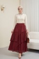 Beli Lastikli Keten Vual Katlı Etek -Bordo