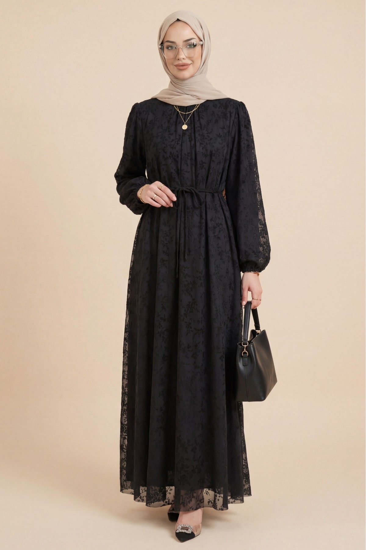 Dik Yaka Beli Bağcıklı Kolu Lastikli Astarlı Flog Baskılı Elbise -Siyah