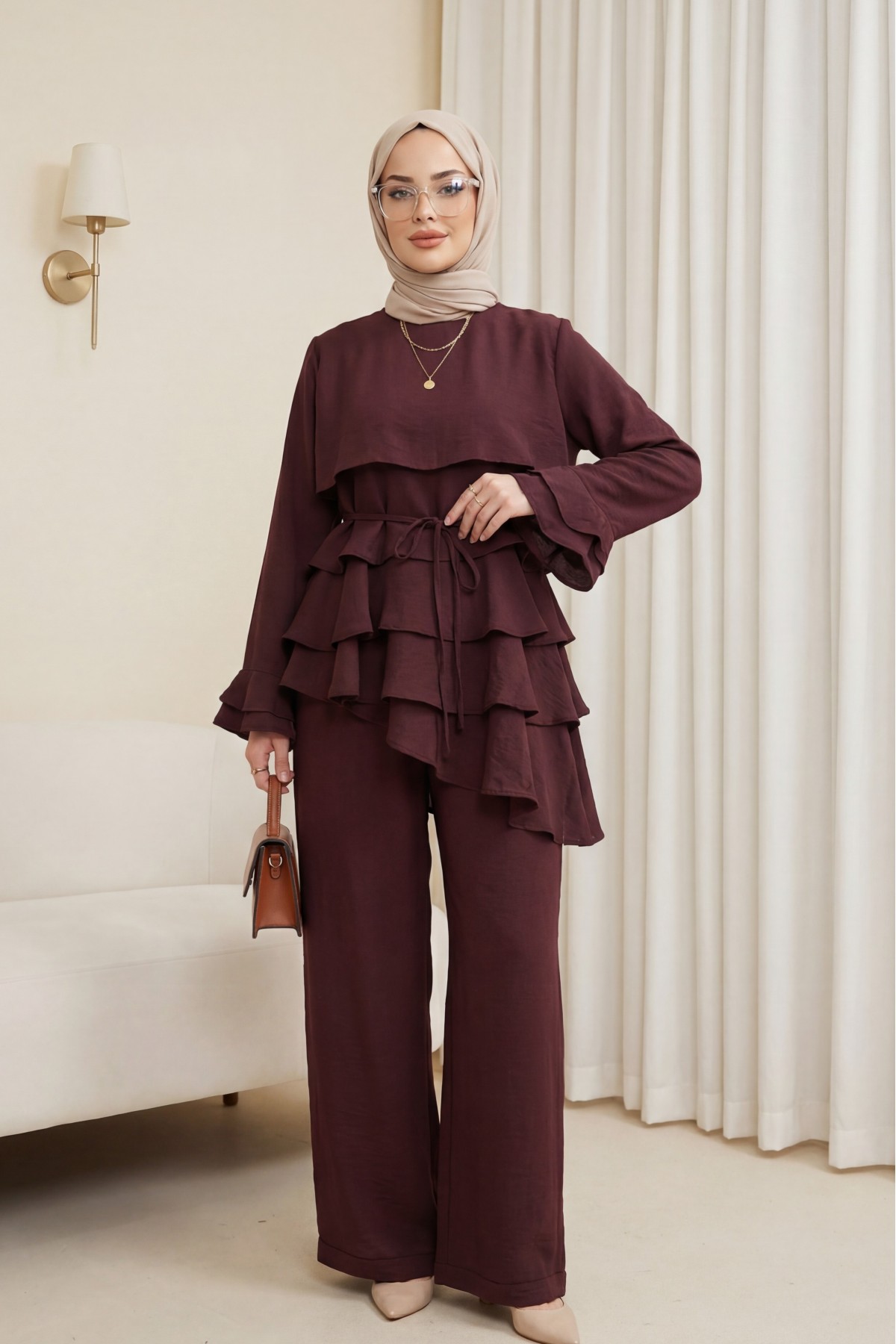 Asimetrik Kat Detaylı Bağcıklı Pantolonu Astarlı Cupra Takım  -Bordo