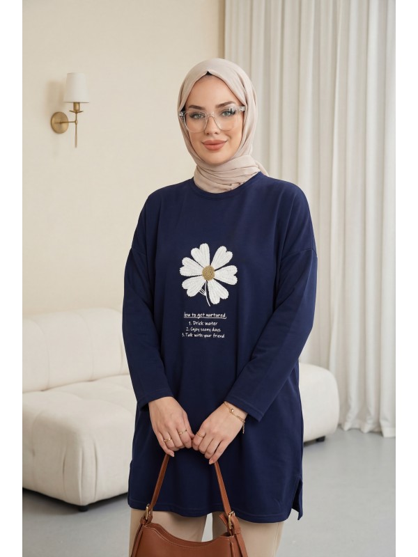 Önü Çiçek Nakışlı Bisiklet Yaka Penye Tunik -Laci
