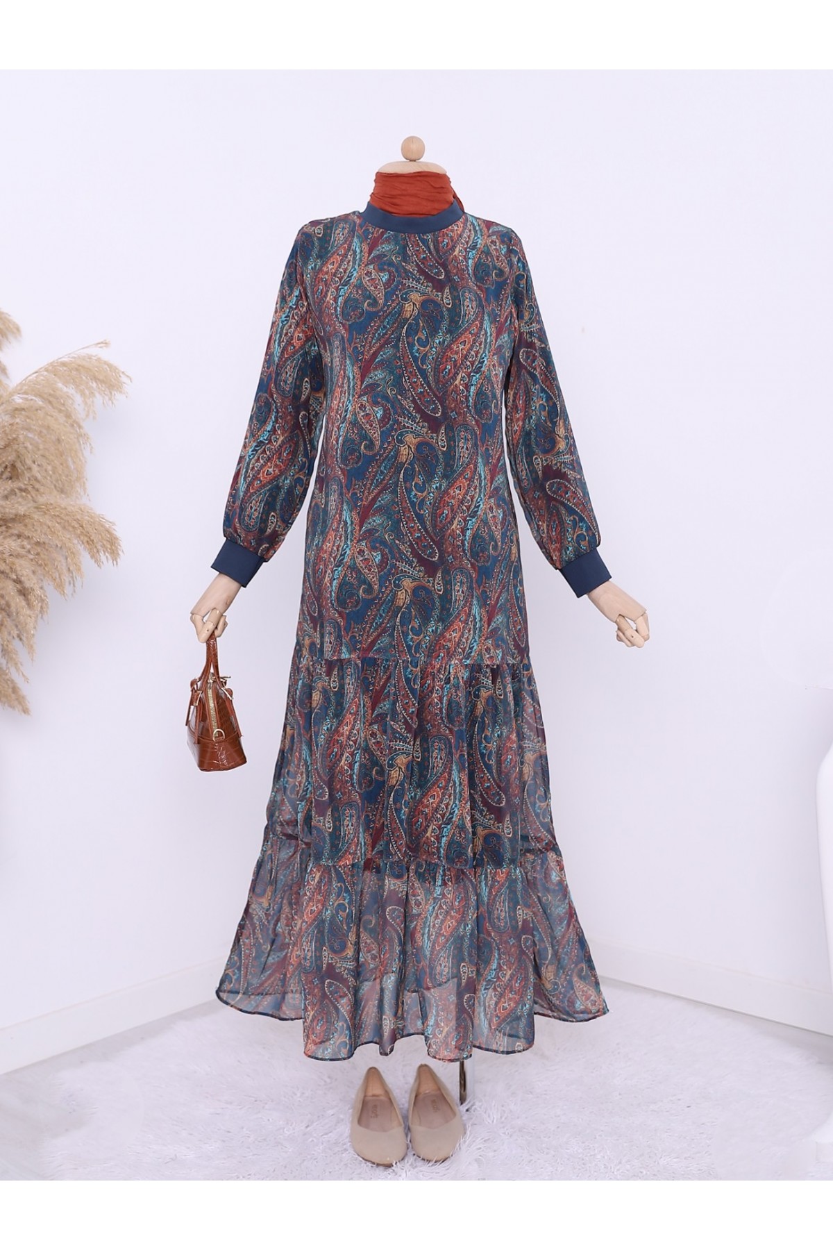 Etnik Desen Eteği Parçalı Astarlı Şifon Elbise -Zümrüt