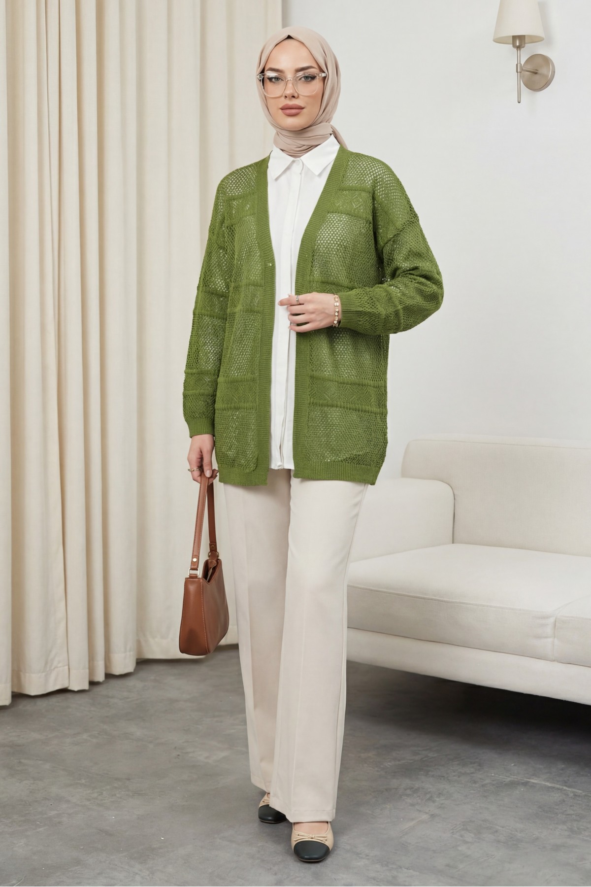 Desenli Ajurlu Triko Hırka  -Yağ Yeşili