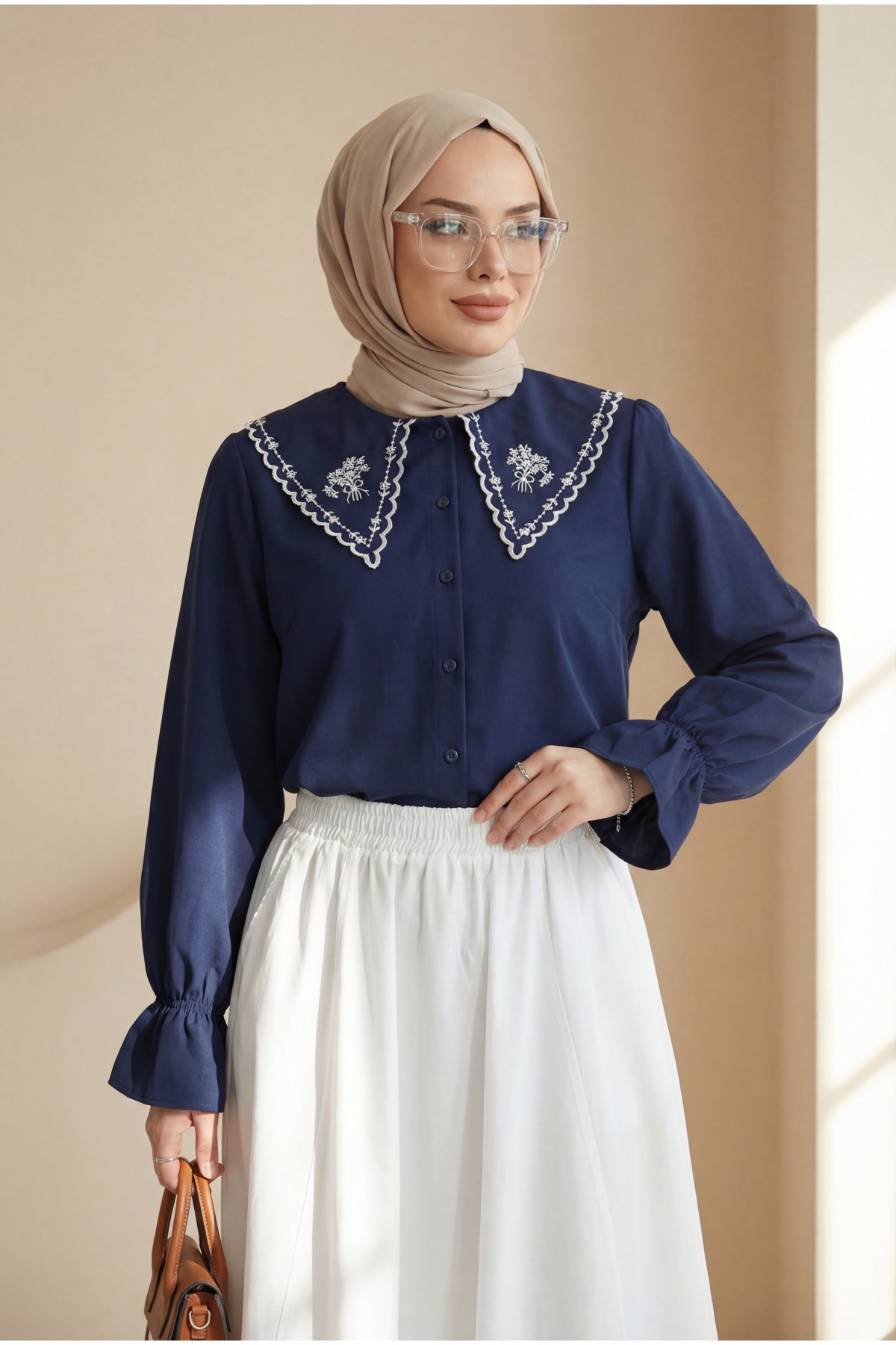 Bebe Yaka Fistolu Kolu Lastikli Poplin Gömlek Bluz -Laci