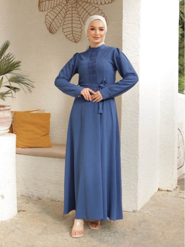 Çıma Detaylı Kemerli Ayrobin Elbise  -İndigo