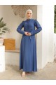 Çıma Detaylı Kemerli Ayrobin Elbise  -İndigo