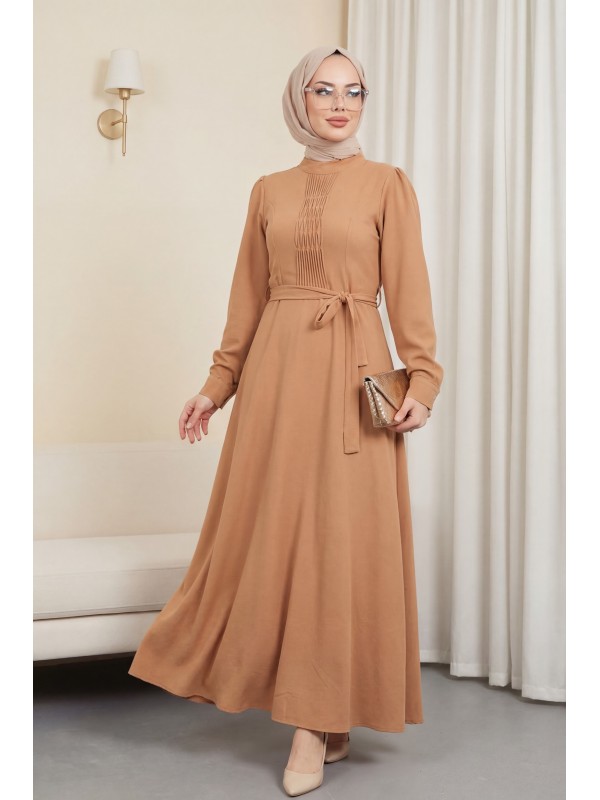 Çıma Detaylı Kemerli Ayrobin Elbise  -Tarçın