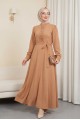 Çıma Detaylı Kemerli Ayrobin Elbise  -Tarçın