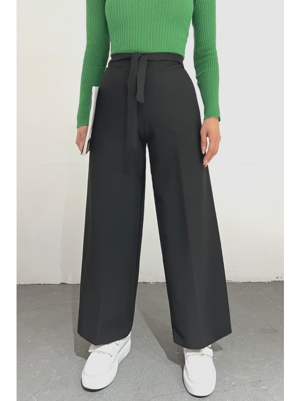 Duble Kumaş Beli Kuşaklı Bol Paça Pantolon -Siyah