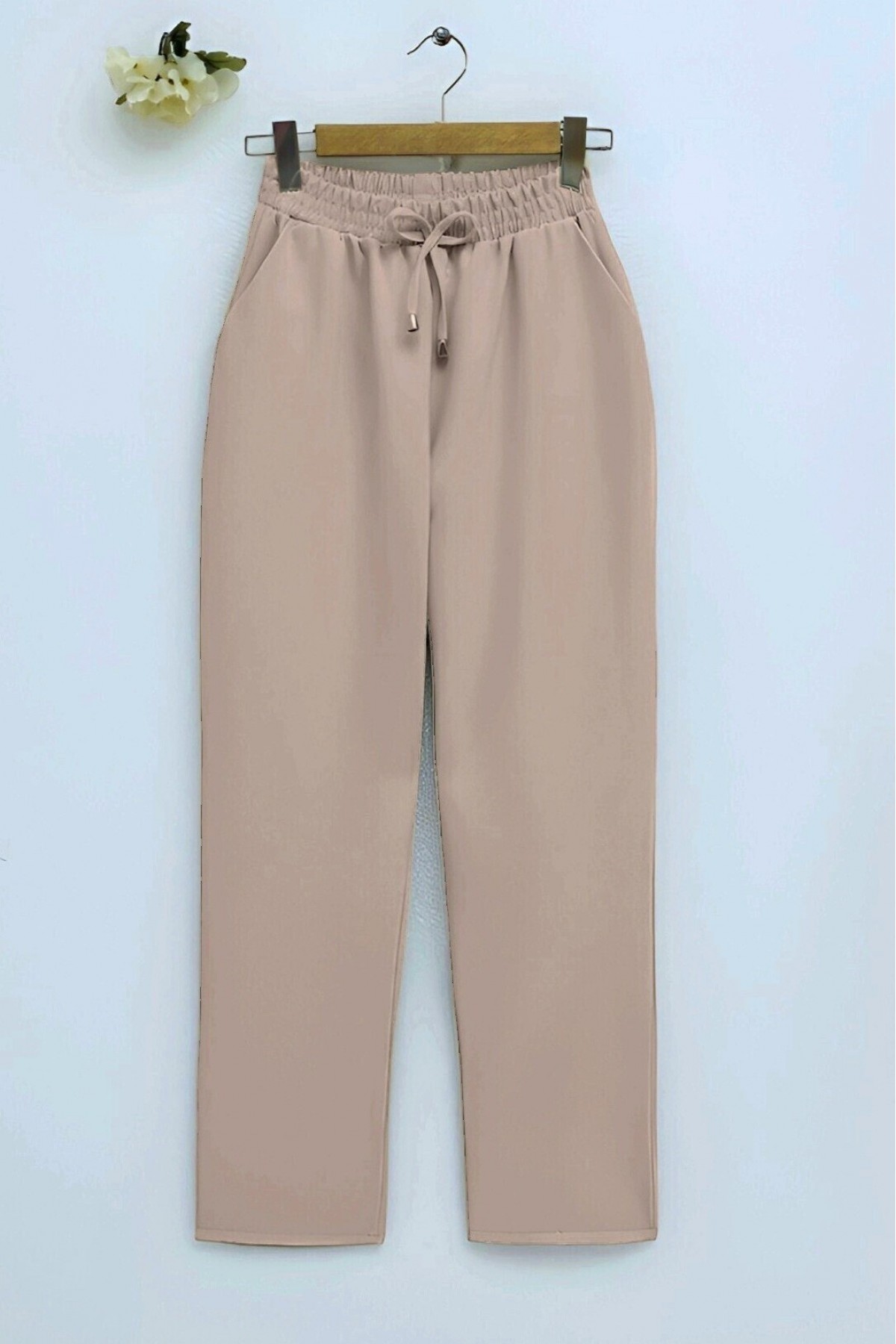 Beli Bağcıklı Dar Paça Pantolon -Bej