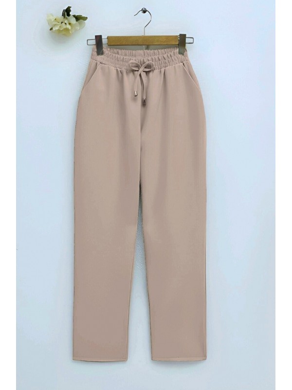 Beli Bağcıklı Dar Paça Pantolon -Bej