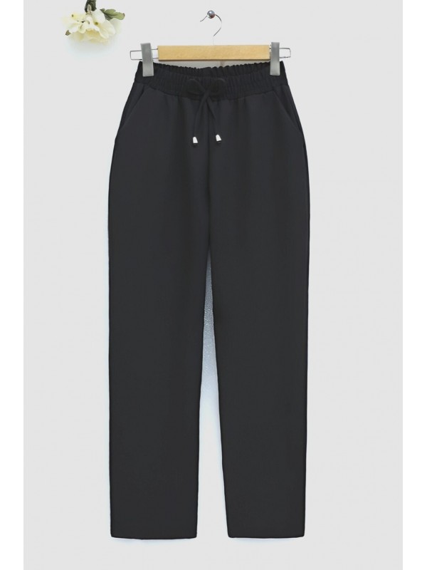 Beli Bağcıklı Dar Paça Pantolon -Siyah