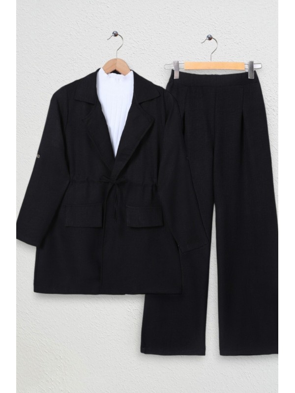Kapaklı Tünel Köprülü Ceketli Keten Takım -Siyah