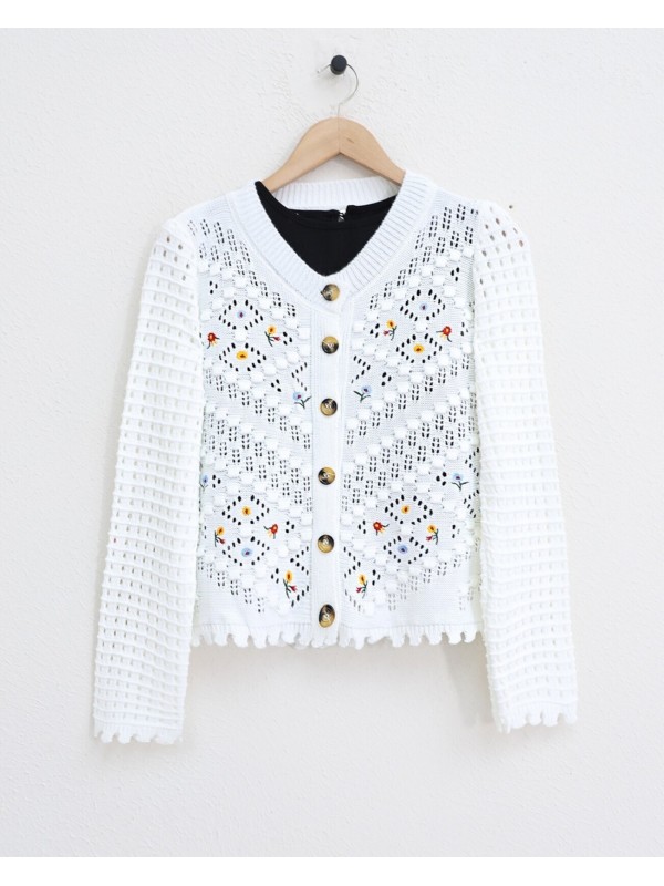 Çiçek Nakışlı Ponponlu Ajurlu Triko Hırka  -Ekru