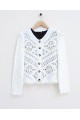 Çiçek Nakışlı Ponponlu Ajurlu Triko Hırka  -Ekru